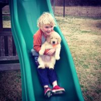 Boy on Slide with Puppy